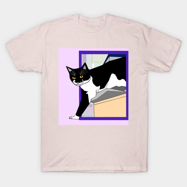 Cute Tuxedo Cat up high. Stepping outside the box Copyright by TeAnne T-Shirt by TeAnne